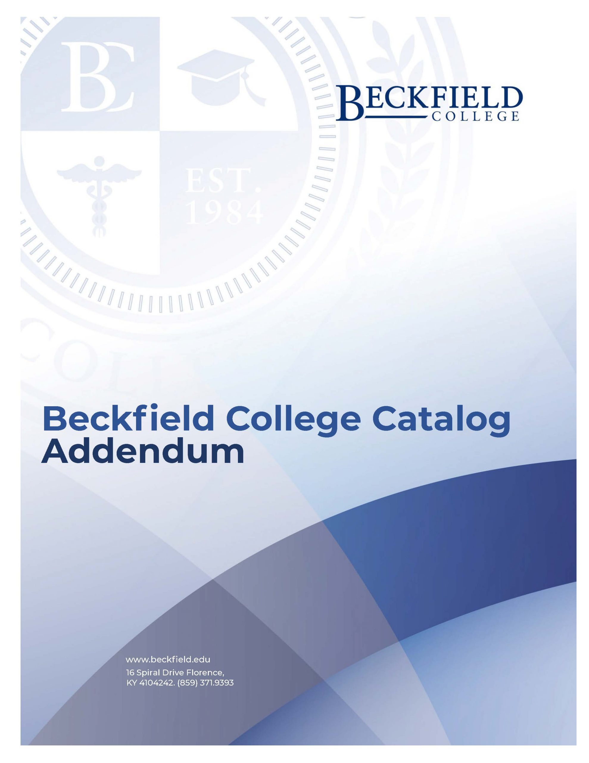 Image of the Beckfield College Catalog Addendum document cover. Click to access more details on academic policies.