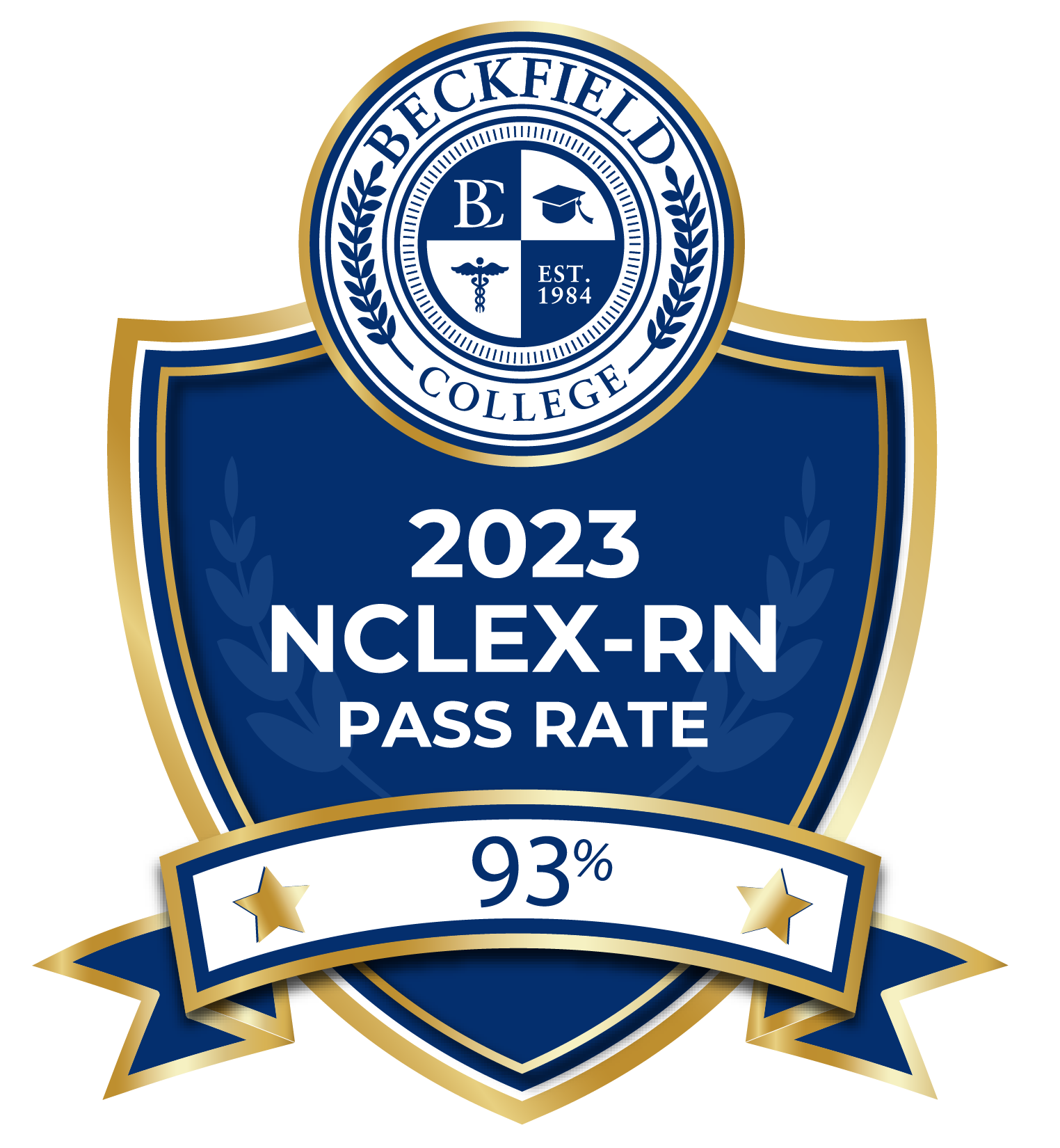 2023 NXLEX-RN passing rate badge for ADN program at Beckfield College.