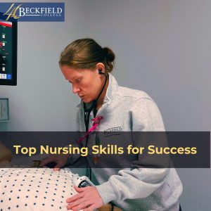 Top Nursing Skills for Success. Nursing Student at Beckfield College ADN program demonstrating vital signs assessment at Beckfield's SIM lab.